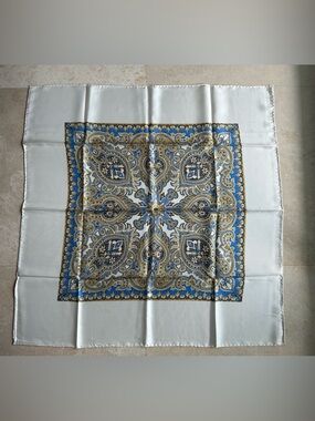 Vintage 1990’s 100% Silk Paisley Square Scarf in Blue and Gold